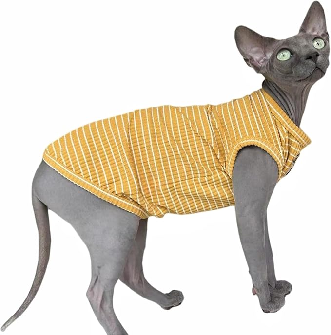 Sphynx Cat Clothes Vest for Hairless Cat, Rib Knit Stripe Cats T-Shirt Apparel, Kitten Summer Cotton Shirts Sleeveless for Cornish Rex, Devon Rex, Peterbald (Ginger, S (3.5-5 lbs))