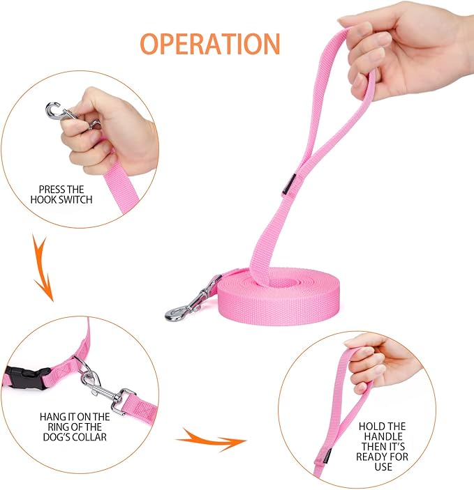 Siumouhoi Strong Durable 15ft Nylon Dog Training Leash, 1 Inch Wide Traction Rope, for Small and Medium Dog (Pink, 15 Feet)