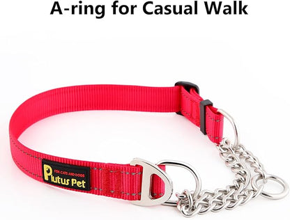 Plutus Pet Martingale Dog Collar with Stainless Steel Chain and Reflective Nylon, Adjustable No Pull Training Collar, for Small Medium, and Large Dogs, Red, S