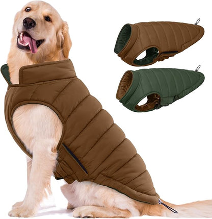 Lelepet Reversible Dog Coat Waterproof Dog Jacket Windproof Puffer Vest for Winter Warm Lightweight Coats for Large Dogs Adjustbale Hook & Loop Pet Apparel with Leash Hole, Golden Retriever, 3XL