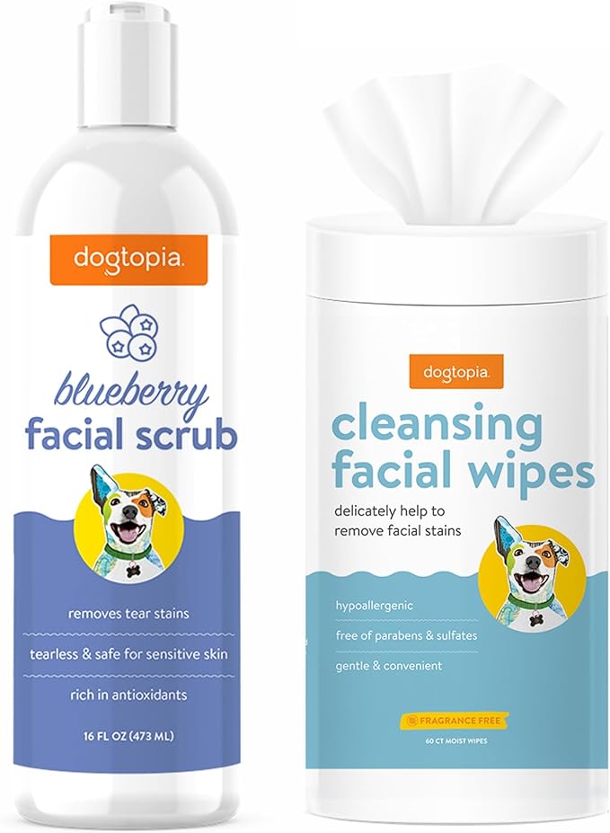 Dogtopia Blueberry Facial Cleansing Wash for Dogs (16oz) and Facial Wipes (60ct) Combo | Gently Remove Tear Stains | Remove Saliva Stains | Brighten and Whiten Coat | Daily Tear Stain Wipes