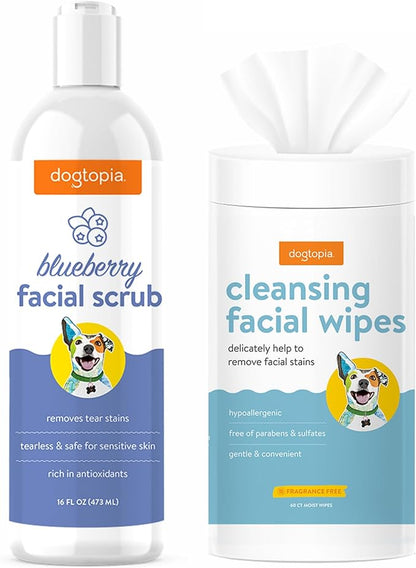 Dogtopia Blueberry Facial Cleansing Wash for Dogs (16oz) and Facial Wipes (60ct) Combo | Gently Remove Tear Stains | Remove Saliva Stains | Brighten and Whiten Coat | Daily Tear Stain Wipes