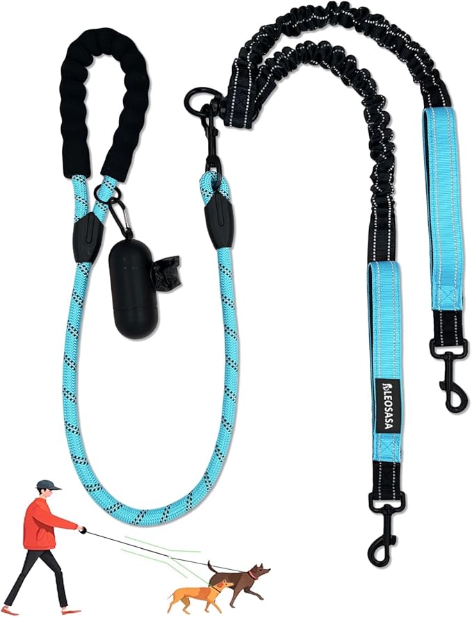 Double Dogs Leash - Removable Main Lead Rope with Splitter, No Tangle 2 Dog Coupler, Reflective No Pull Bungee, 3 Handle, D-Ring, Extra Long for Walk Train Medium Large Two Pet (Blue)
