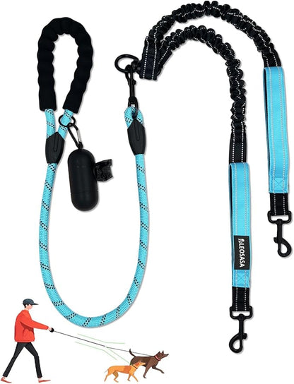 Double Dogs Leash - Removable Main Lead Rope with Splitter, No Tangle 2 Dog Coupler, Reflective No Pull Bungee, 3 Handle, D-Ring, Extra Long for Walk Train Medium Large Two Pet (Blue)