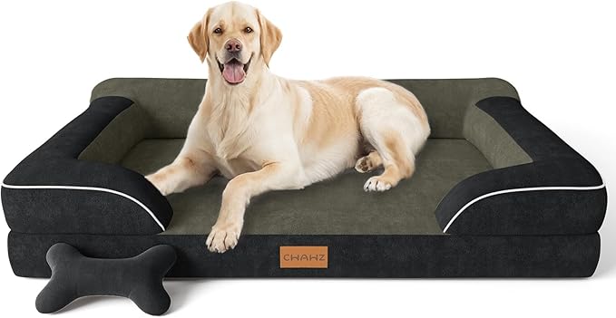 CWAWZ Jumbo Dog Bed for Extra Large Dogs, Orthopedic Dog Bed with Cooling Gel Memory Foam, Waterproof Pet Bed with Removable Washable Cover, 45" Pet Sofa Couch Dutch Velvet with Bone Toy, Black