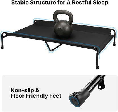 Veehoo Outdoor Elevated Dog Bed, 53" XXL Raised Dog Bed with Headrest Sides, Washable Cooling Dog Cot with Non-Skid Feet, Breathable Mesh, Portable Pet Hammock for Indoor or Camping, Black