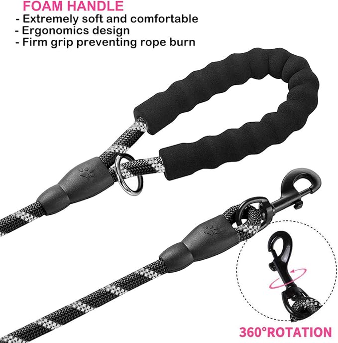 JSXD Heavy Duty Double Handle Dog Leash - 5 FT, Padded & Reflective, Rope for Small to Large Dogs (Black)