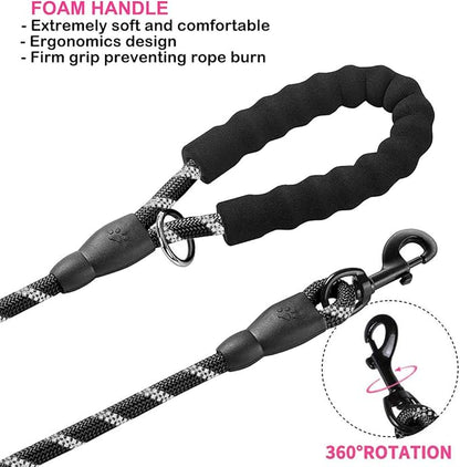 JSXD Heavy Duty Double Handle Dog Leash - 5 FT, Padded & Reflective, Rope for Small to Large Dogs (Black)