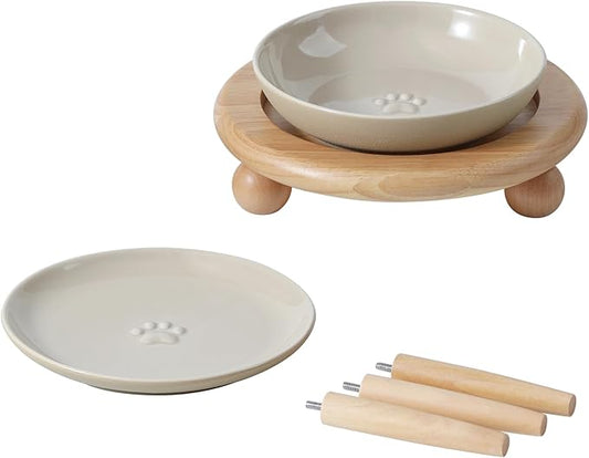 Havniva Raised Ceramic Wide Whisker Friendly Cat Dishes, Food&Water Bowl with 2 Style Stand Adjustable Pet Bowl Set(1Dish+1Shallow Dish+Stand