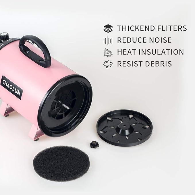 Dog Dryer for Pet Grooming, High Velocity Pet Hair Dryer with Heater, Adjustable Speed, 3 Nozzles and a Comb, Pink