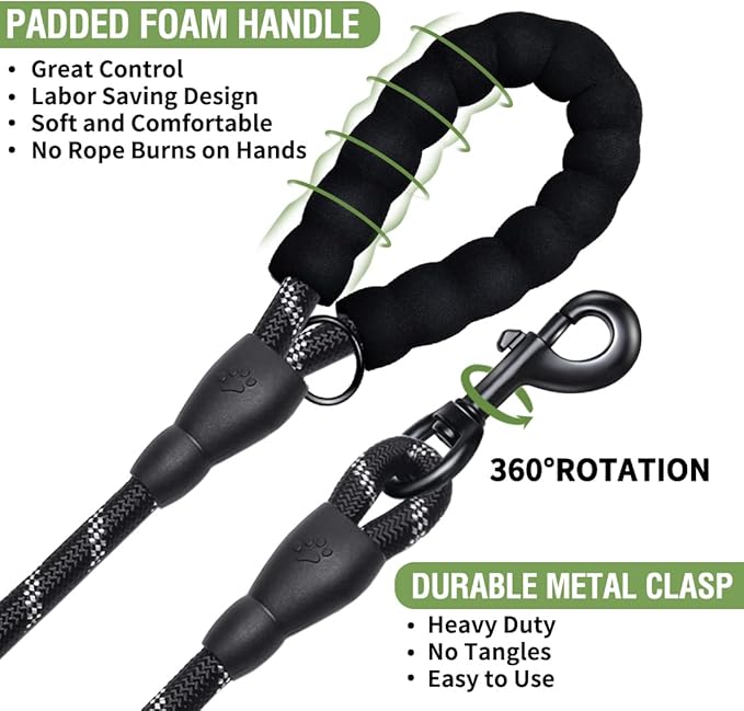 COOYOO 2 Pack Dog Leash 6 FT Heavy Duty - Comfortable Padded Handle - Reflective Dog Leash for Medium Large Dogs with Collapsible Pet Bowl Set 6-Black+Green