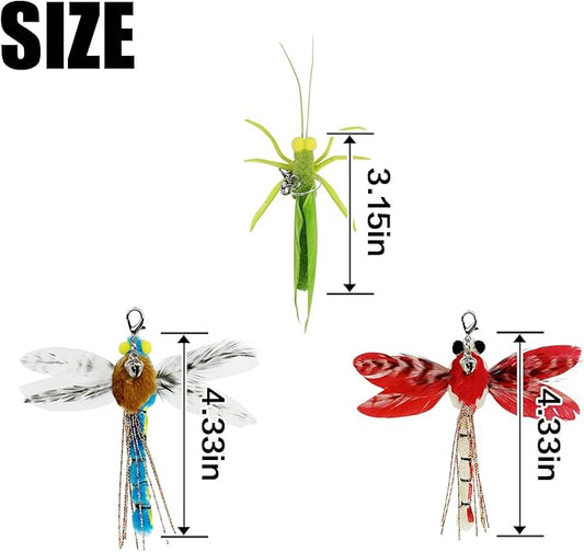 TTcat Feather Cat Toy Attachments,3 Pcs Simulation Insects Bugs Dragonfly Grasshopper Refills, Cat Toys Replacement Feathers for Cat Kitten Wand.