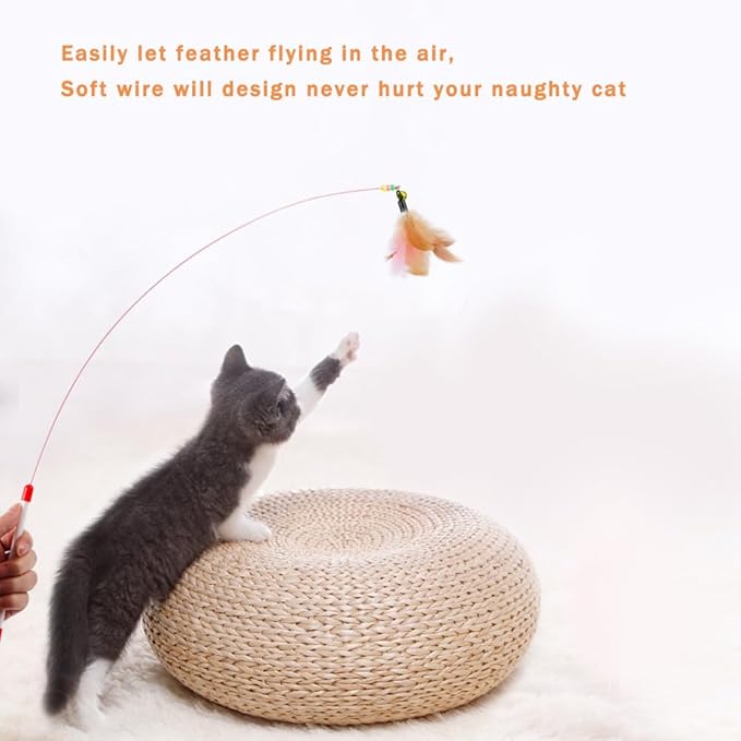 Sanpink 40 Pack Cat Feather Toy Wand, Interactive Pet Kitten Chaser Teaser Wire Wand with Bell Beads for Cat Exercise Play Fun Gifts - Wholesale