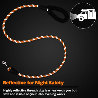Rope Dog Leash 5 FT: Heavy Duty Leashes with Swivel Lockable Hook Reflective Threads Bungee and Padded Handle - Dog Lead for Large Small Medium Dogs Outside Walking Hiking Orange