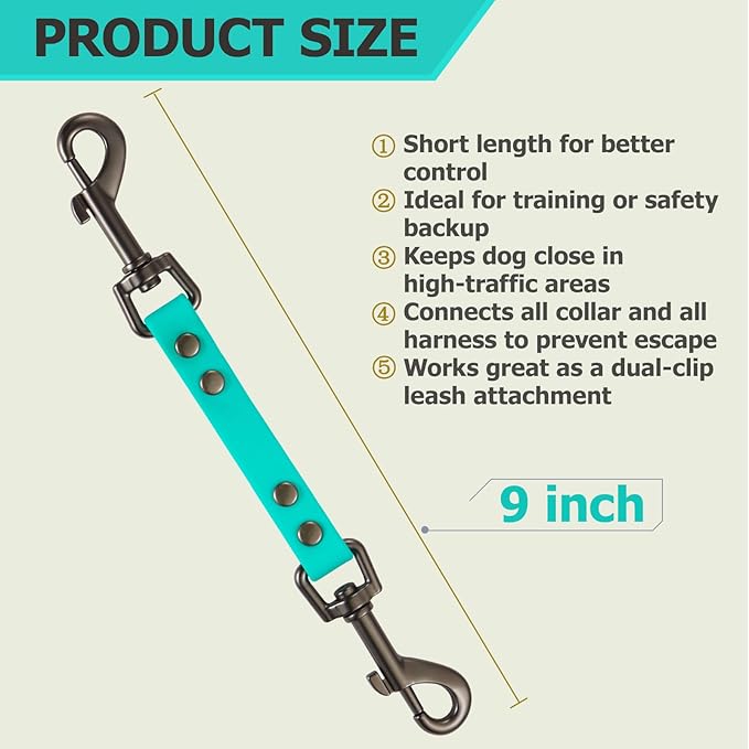 Dog Safety Collar Clip – Waterproof Backup Connector with Dual Hooks for Harness and Collar | Leash Safety Attachment for Training & Walking (Green, 9 inch)