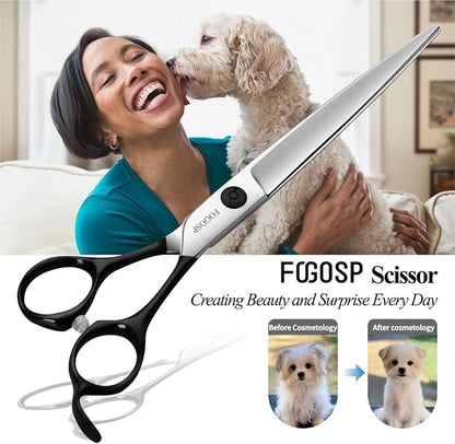 FOGOSP Professional Dog Grooming Scissors Straight 7" Grooming Shears for Cutting Small Pet Cat Thick Hair Japan 440C Stainless Steel Super Sharp Right Handed(7 in Straight, Black)