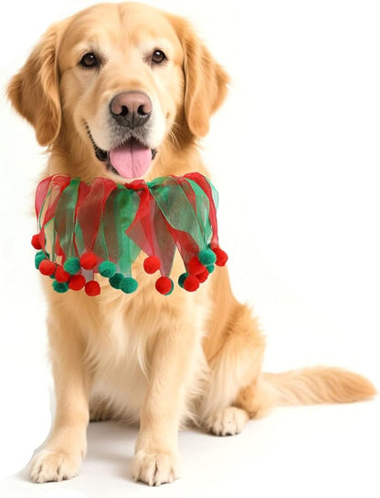 2PCS Christmas Pet Collar Ornaments Red Green Collar Adjustable Holiday Dress for Cat and Dog (C-L-45CM)