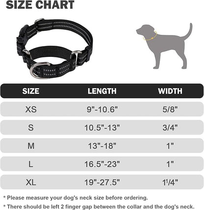 Hikiko Martingale Collar for Dogs Reflective Nylon Dog Collar with Quick Release Buckle Adjustable Training No Slip Dog Collar (Small, Black)