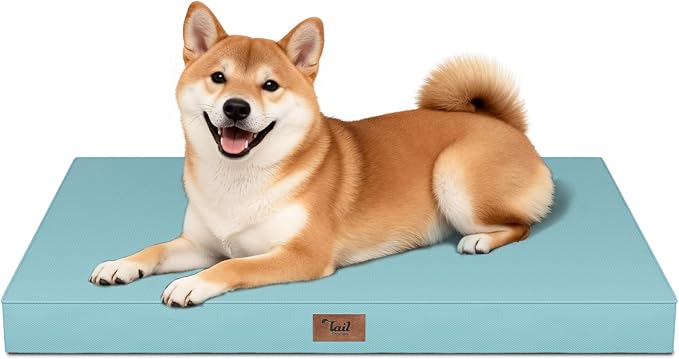 Tail Stories Outdoor Dog Bed for Medium Dogs, Waterproof Dog Crate Mat Orthopedic Egg Crate Foam Pet Bed with Washable Removable Oxford Cover, Light Blue