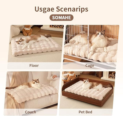 SOMAHE Self-Warming Cat Bed, Plush Faux Fur Pet Bed Mat with Anti-Slip Bottom, Ultra Soft Heated Bed for Cats & Medium Dogs, Cozy Fluffy Pad for Couch & Crate, Machine Washable, 27x20 Inch White