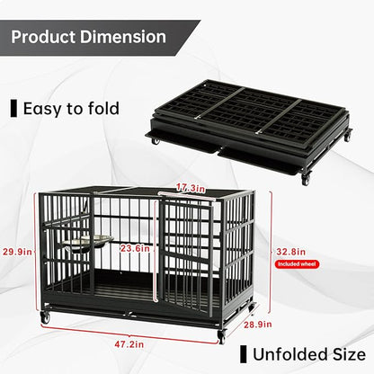 Snuowu 48 Inch Heavy Duty Dog Crate with Wheels and Unique Air Lift Rod, Folding Metal Big Dog Cage for Large Dogs, Extra Large XL XXL Indestructible Dog Crate with Removable Tray.