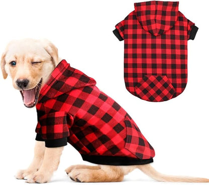 Red Plaid Dog Hoodie Sweater for Dogs Pet Clothes with Hat and Pocket（XS）