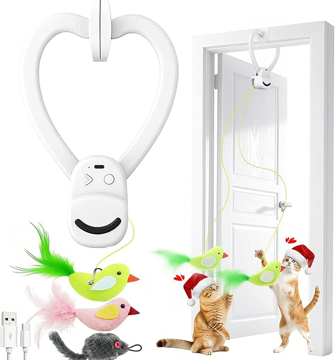 Interactive Cat Toys for Indoor Cats: Automatic Flying Bird Feather Wand Chase Exercise Enrichment Stimulation, USB Rechargeable Durable Safe Hanging Toy for Bored Kittens Adult Multi Cat Households