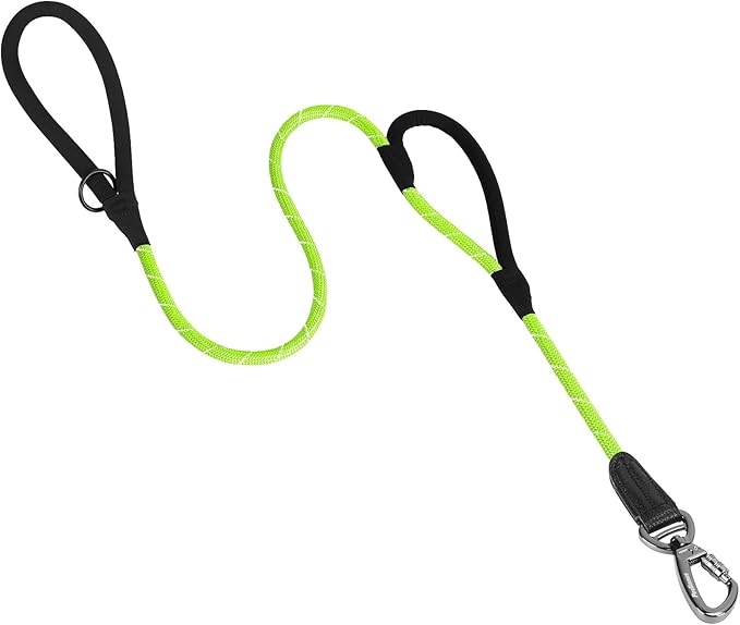 PetBonus Double Handle Rope Dog Leash, 5FT Heavy Duty Training Lead with Lockable Hook and 2 Comfortable Padded Handles, Reflective Walking Nylon Leash for Large Medium Dogs (55-200 lbs, Green)
