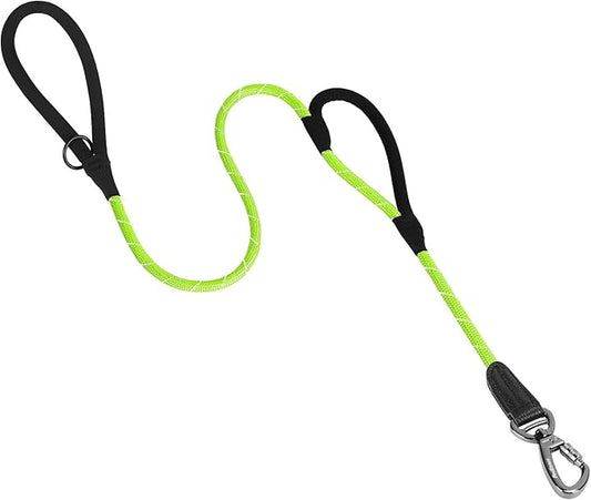PetBonus Double Handle Rope Dog Leash, 6FT Heavy Duty Training Lead with Lockable Hook and 2 Comfortable Padded Handles, Reflective Walking Nylon Leash for Large Medium Dogs (55-200 lbs, Green)