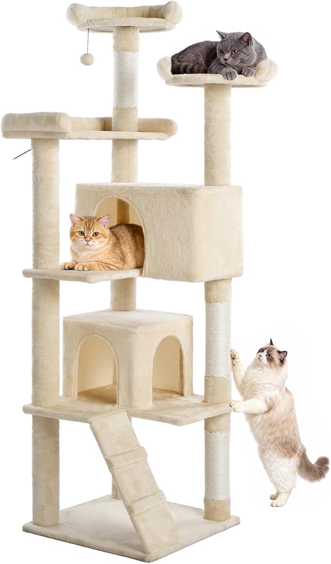 Made4Pets Cat Tree Tower 70in Cat Tower for Indoor Cats Kitten Tree Multi-Level Cat Tree with 2 Condo Furniture Activity Center with Scratching Posts Funny Toys Kittens Pet Play House, Beige