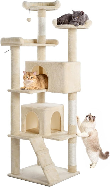 Made4Pets Cat Tree Tower 70in Cat Tower for Indoor Cats Kitten Tree Multi-Level Cat Tree with 2 Condo Furniture Activity Center with Scratching Posts Funny Toys Kittens Pet Play House, Beige