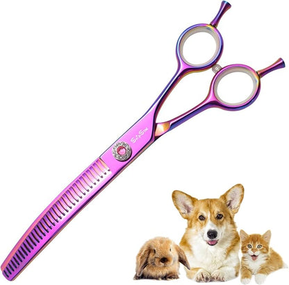 7" 33 Teeth Professional Dog Grooming Scissors, 25 Degree Curvature Pet Curved Chunker Thinning Shears, Japanese VG10 Steel Sharp, Smooth Cutting Scissors for Dogs Cats and Other Pets Face and Paws