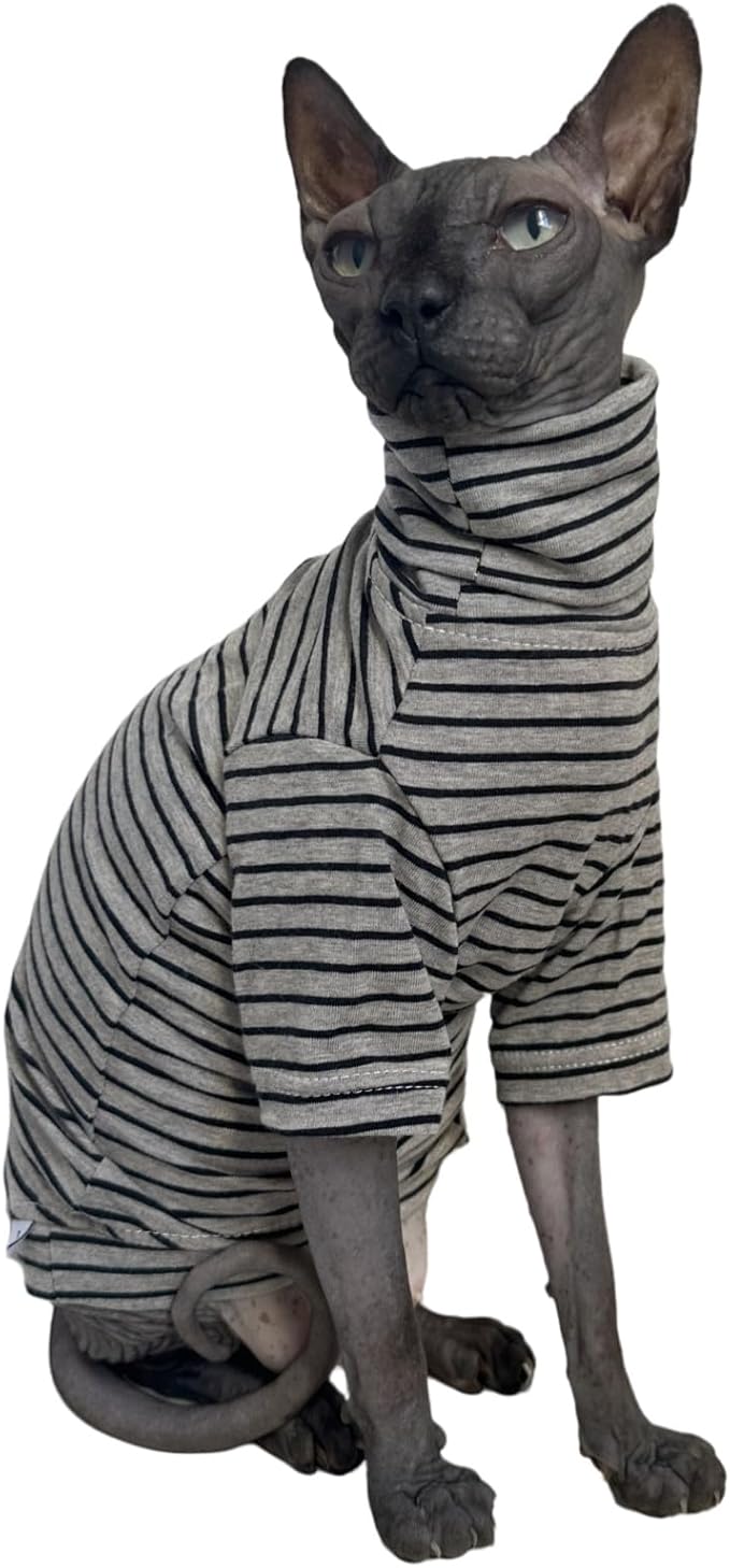 Vintage Stripes Sphynx Hairless Cats Shirt Cotton Cat Turtleneck Pet Clothes Kitten T-Shirts with Sleeves for Sphynx Cornish Rex, Devon Rex, Peterbald (Grey Stripe, Small (Pack of 1))