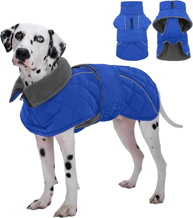 Kuoser Dog Coat, Super-Warm Dog Jacket Windproof Pet Cold Weather Coats for Extra Large Dogs, Fleece Lining Quilted Turtleneck Puppy Snowsuit Reflective Adjustable Doggie Winter Clothes, Blue, 3XL
