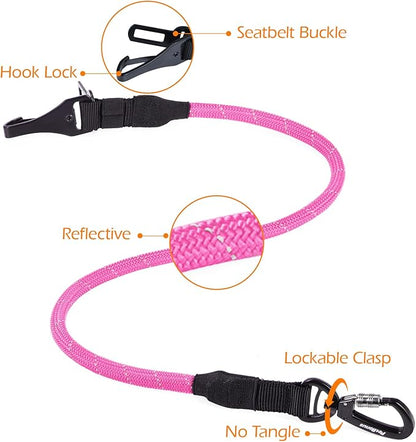 PetBonus Dog Seat Belt for Car, Durable Rope Dog Car Harness Seatbelt for Vehicle, Pet Tether Safety Restraint with Heavy Duty Buckle Hook Latch Lockable Clip for Small Medium Large Breeds (Pink)