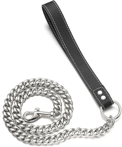 Silver Chain Dog Leash 15MM Solid Chew Proof 316L Stainless Steel Cuban Link Chain with Genuine Leather Handle Training Walking 3FT/4FT/5FT for Small Medium Large Dogs(15mm,4ft)…
