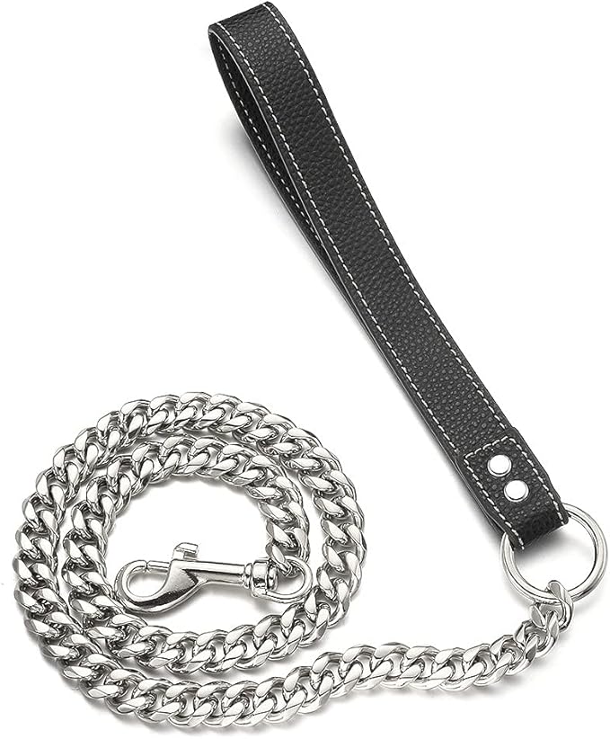 Silver Chain Dog Leash 15MM Solid Chew Proof 316L Stainless Steel Cuban Link Chain with Genuine Leather Handle Training Walking 3FT/4FT/5FT for Small Medium Large Dogs(15mm,3ft)…