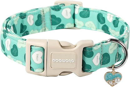 DOGWONG Valentine's Day Dog Collar - Green Heart, Adjustable Soft Cute Pet Collar for Small, Medium & Large Dogs