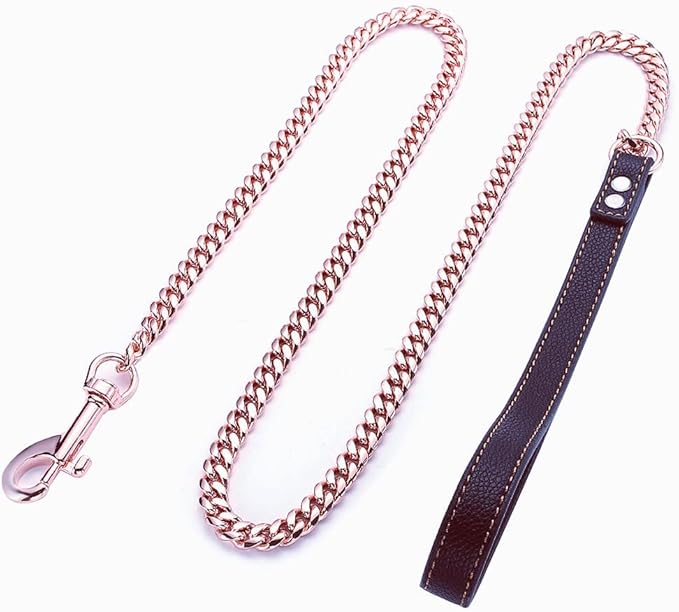 Rose Gold Dog Chain Leash 10MM 14MM Curb Cuban Link Chain Dog Leash Strong Chew Proof Stainless Steel Leash 3FT/4FT/5FT for Small Medium Large Dogs(10mm,4ft)…