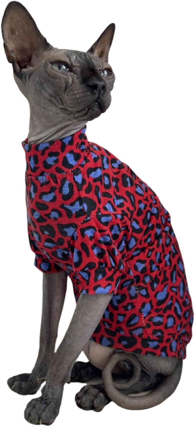Limited Edition Sphynx Cat Cotton T-Shirts Hairless Cat Sweatshirt Pet Kitten Clothes Round Collar Kitten Shirts Vest Cats & Small Dogs Apparel (Blue Red Leopard, S (3.3-4.4 lbs))