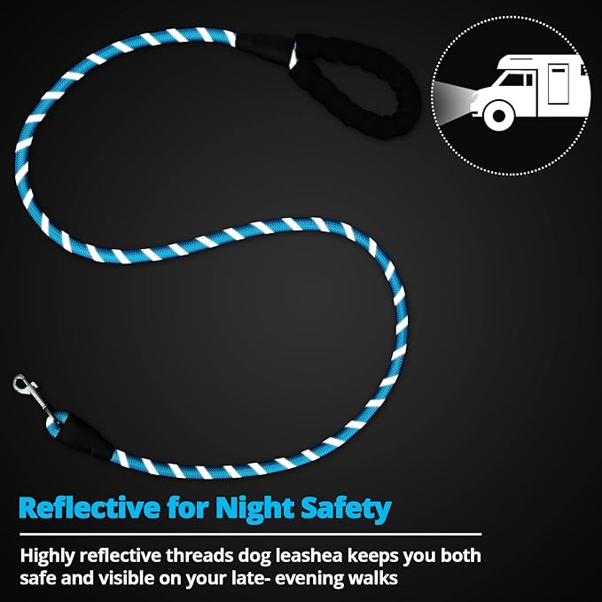 Rope Dog Leash 6 FT: Heavy Duty Leashes with Swivel Lockable Hook Reflective Threads Bungee and Padded Handle - Dog Lead for Large Small Medium Dogs Outside Walking Hiking Blue Black