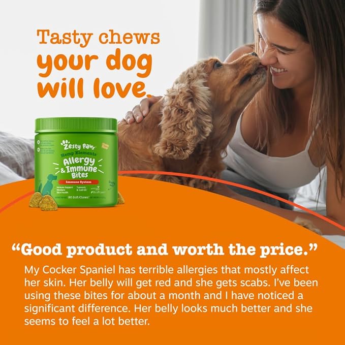 Zesty Paws Dog Allergy Relief - Anti Itch Supplement - Omega 3 Probiotics for Dogs - Salmon Oil Digestive Health - Soft Chews for Skin & Seasonal Allergies - with Epicor Pets – Hemp - 90 Count…
