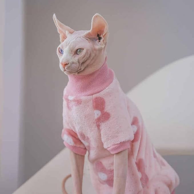 Urnat Cat Flannel Floral Clothes, Warm Soft Winter Jumpsuit Flower Prints Sweater Shirt Clothing for Hairless Sphynx, Devon & Indoor Kittens (Pink, S)