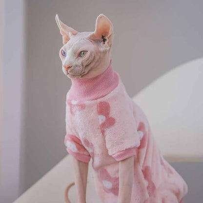 Urnat Cat Flannel Floral Clothes, Warm Soft Winter Jumpsuit Flower Prints Sweater Shirt Clothing for Hairless Sphynx, Devon & Indoor Kittens (Pink, S)