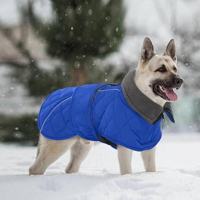 Kuoser Dog Coat, Super-Warm Dog Jacket Windproof Pet Cold Weather Coats for Extra Large Dogs, Fleece Lining Quilted Turtleneck Puppy Snowsuit Reflective Adjustable Doggie Winter Clothes, Blue, 2XL