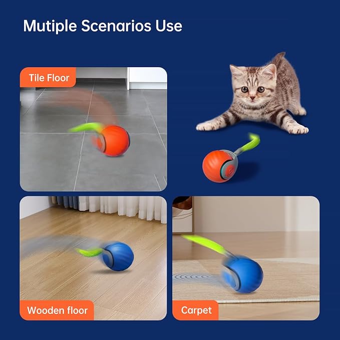 paeudomrf Interactive Cat Toy Ball for Indoor Cats, 2PCS Automatic Interactive Cat Ball Toys with 3 Tails Each Speedy Balls Rechargeable Motion Activated Cats Rolling Balls Toys to Keep Them Busy
