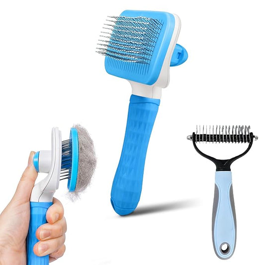 Dog & Cat Brush Kit 2PCS, Self Cleaning Slicker Brush for Pets, Dog Brush for Shedding Massaging and Grooming, Removes Loose Undercoat & Portable Comb for Long Short Haired Dogs(Blue)