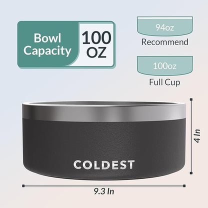 Coldest Dog Bowl - Anti Rust Metal, Non Slip, 3 Layers Insulated Stainless Steel Dog Bowls - Spill Proof & Heavy Duty - Water Bowl for Dogs, Cats & Pets, Dish Washer Safe (100 oz, Stealth Black)