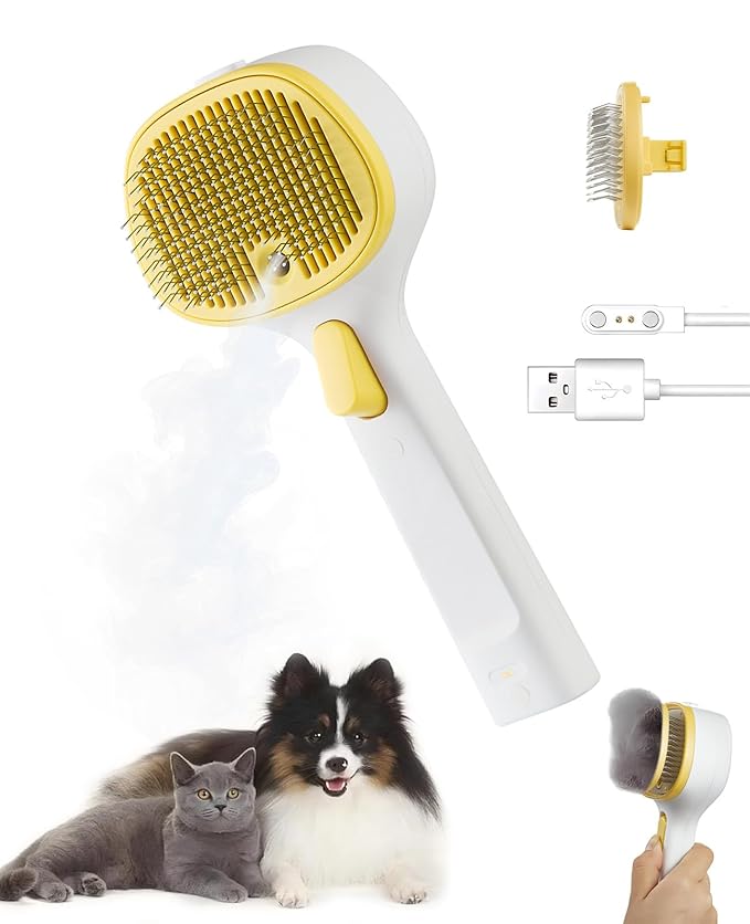 Cat Steam Brush for Cats & Dogs, Pet Steam Brush 3-in-1 with 2 Mist Modes, One-Touch Self Cleaning, Magnetic Safe Charging, Cat Hair Brush for Shedding, Dog Brush for Shedding, Yellow (Long Head)