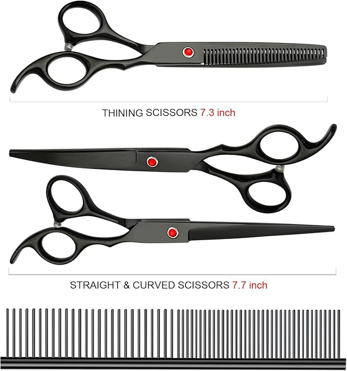 FAIGEO Professional Dog Grooming Scissors Set Stainless Steel Dog Grooming Kit - Thinning, Curved Scissors and Comb for Cat Pet (Black 5 in1)